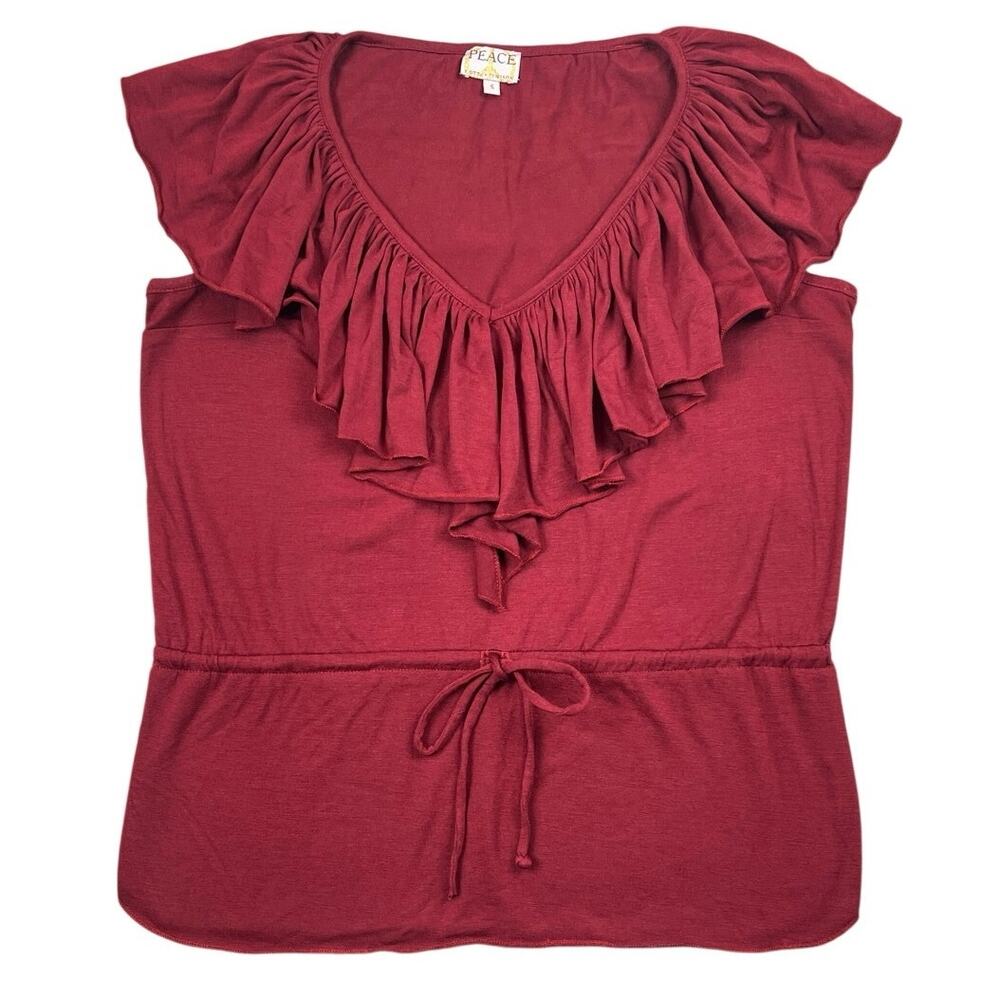 Y2K Peace by Lotta Stensson Ruffle V Neck Blouse Red Boho USA Designer Top - S
